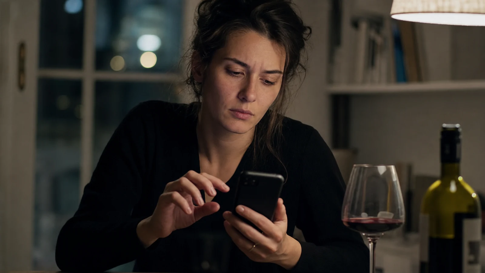 Femme brune le soir, regard concentré sur un smartphone, verre de vin et bouteille sur la table