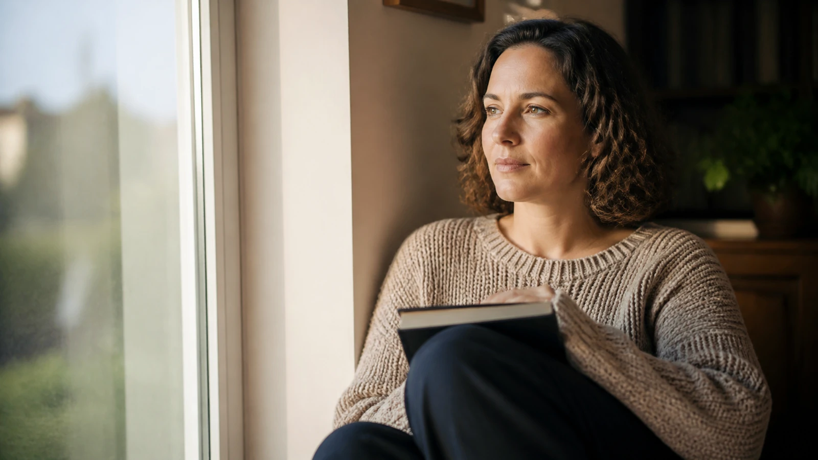 Femme assise près d’une fenêtre avec un livre fermé, lumière du matin, calme