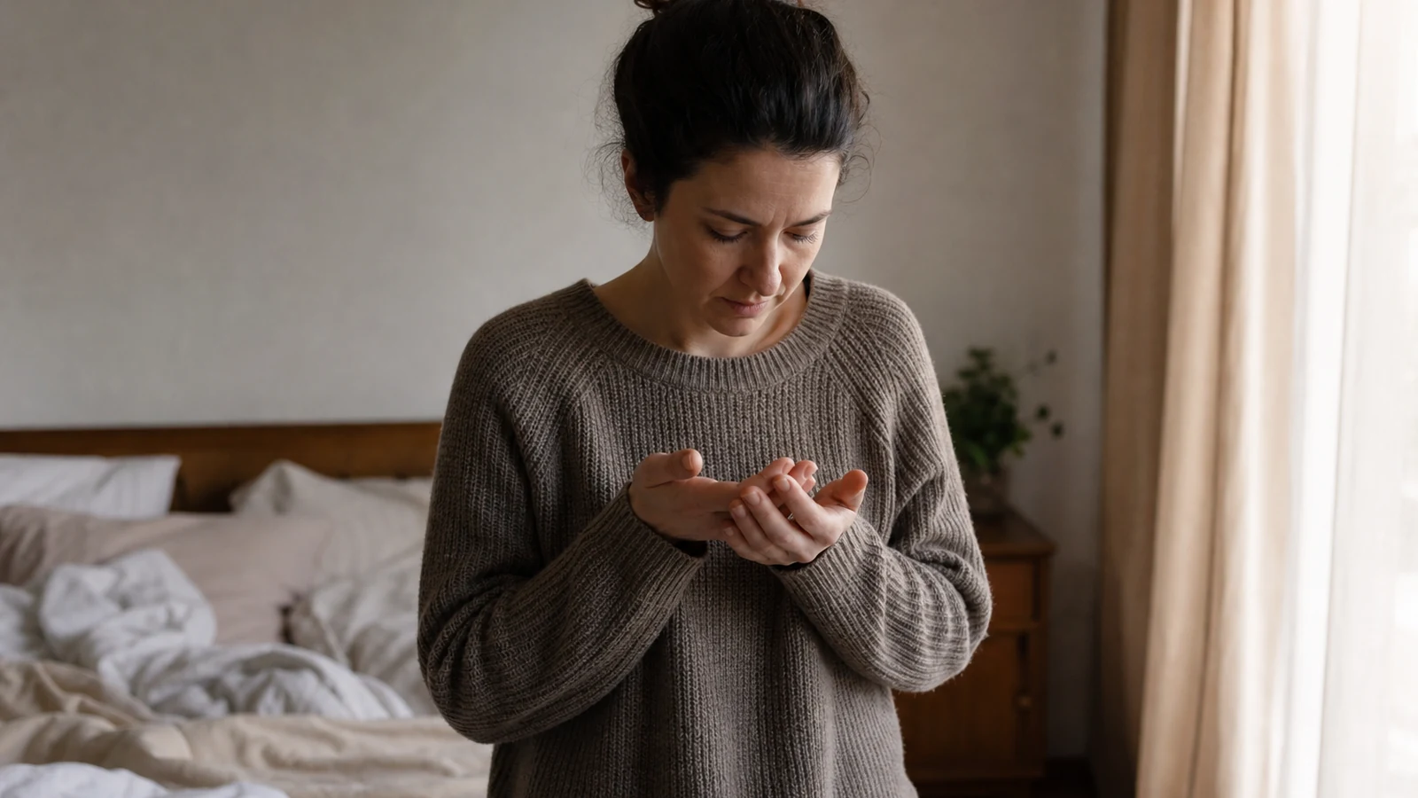 Femme aux cheveux bruns relevés, pull beige, regard baissé vers ses mains ouvertes, dans une chambre près d'une fenêtre