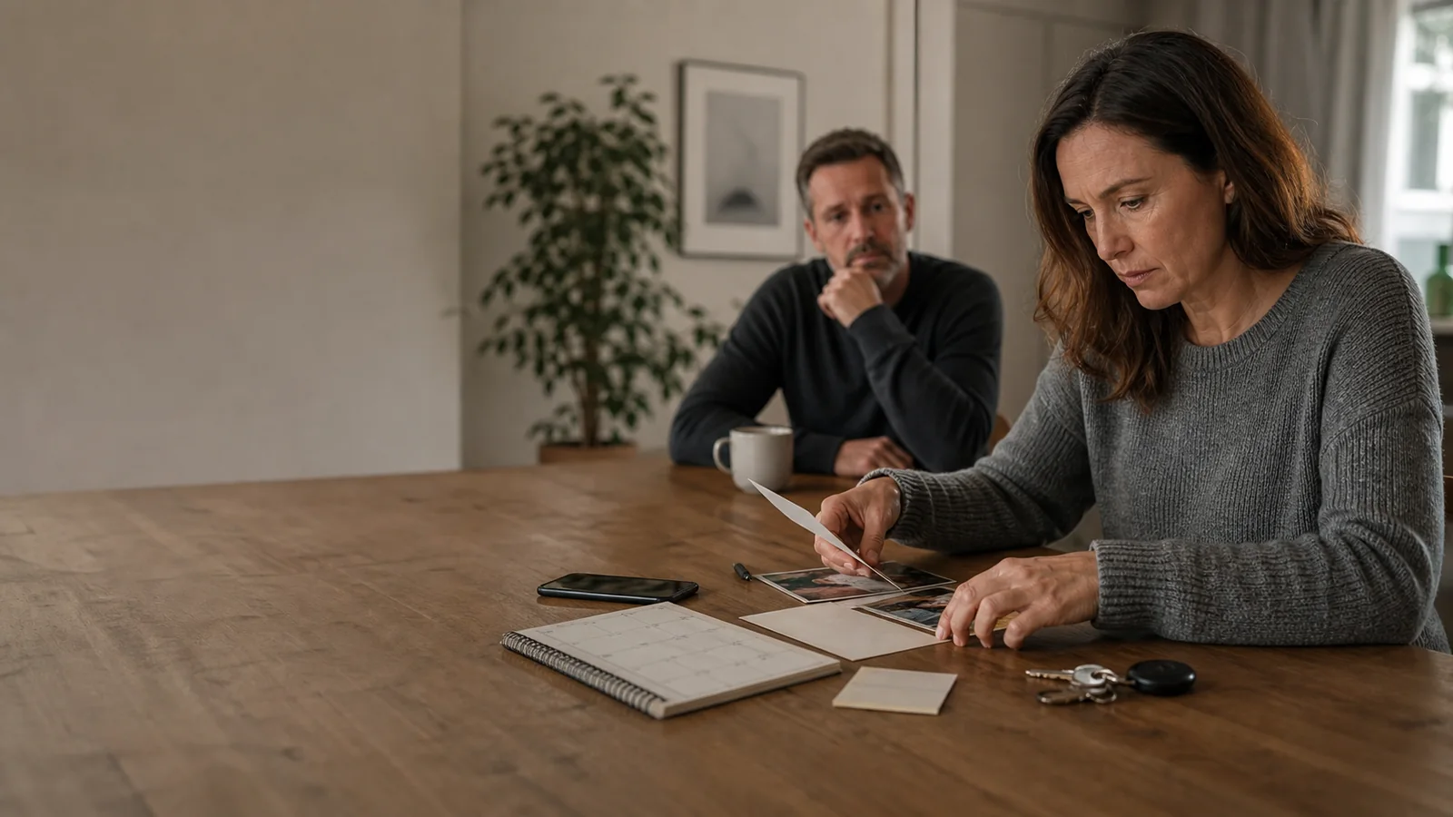 Une femme trie des notes et un calendrier à une table, accompagnée par un homme en retrait.