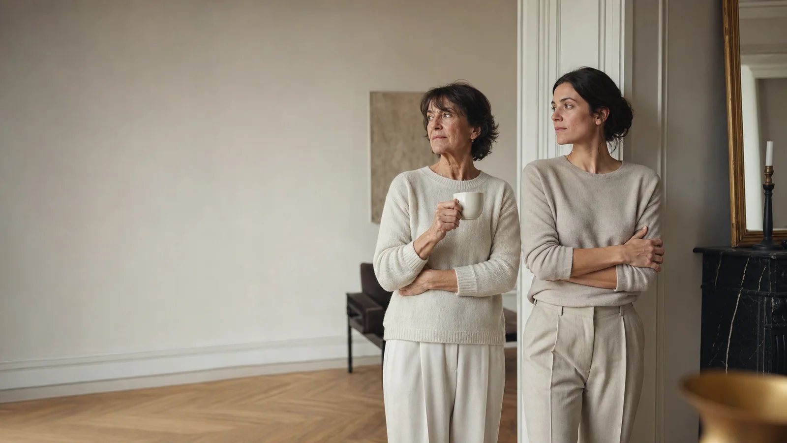 Deux femmes de générations différentes reproduisent le même geste, l’une tenant une tasse.