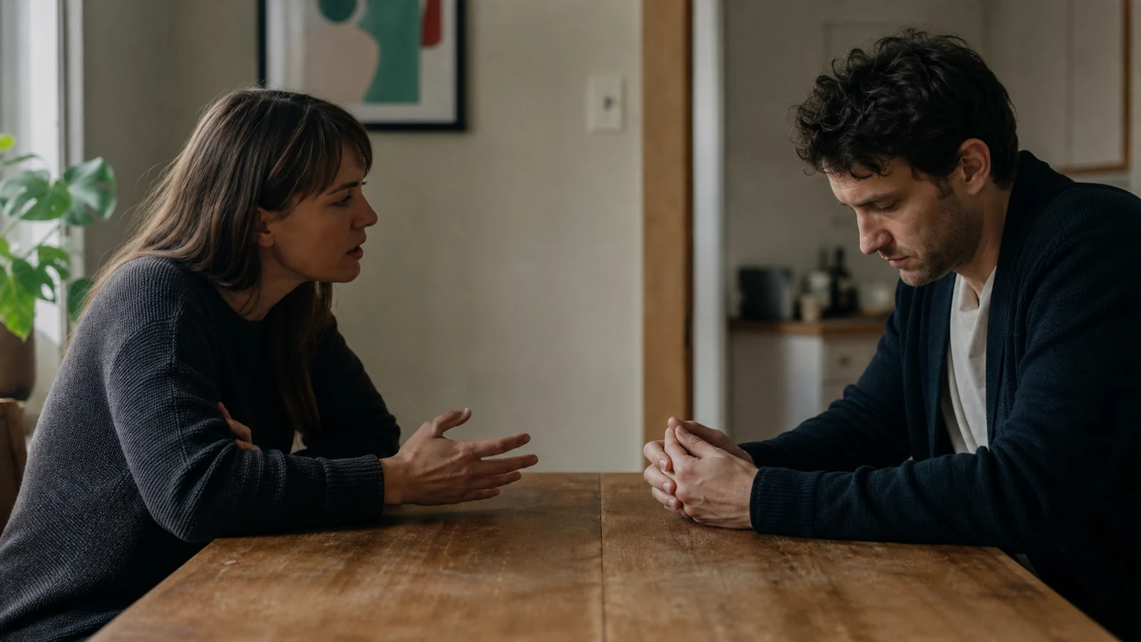 Femme et homme assis face à face à une table en bois ; elle parle les mains ouvertes, il regarde vers le bas les mains jointes