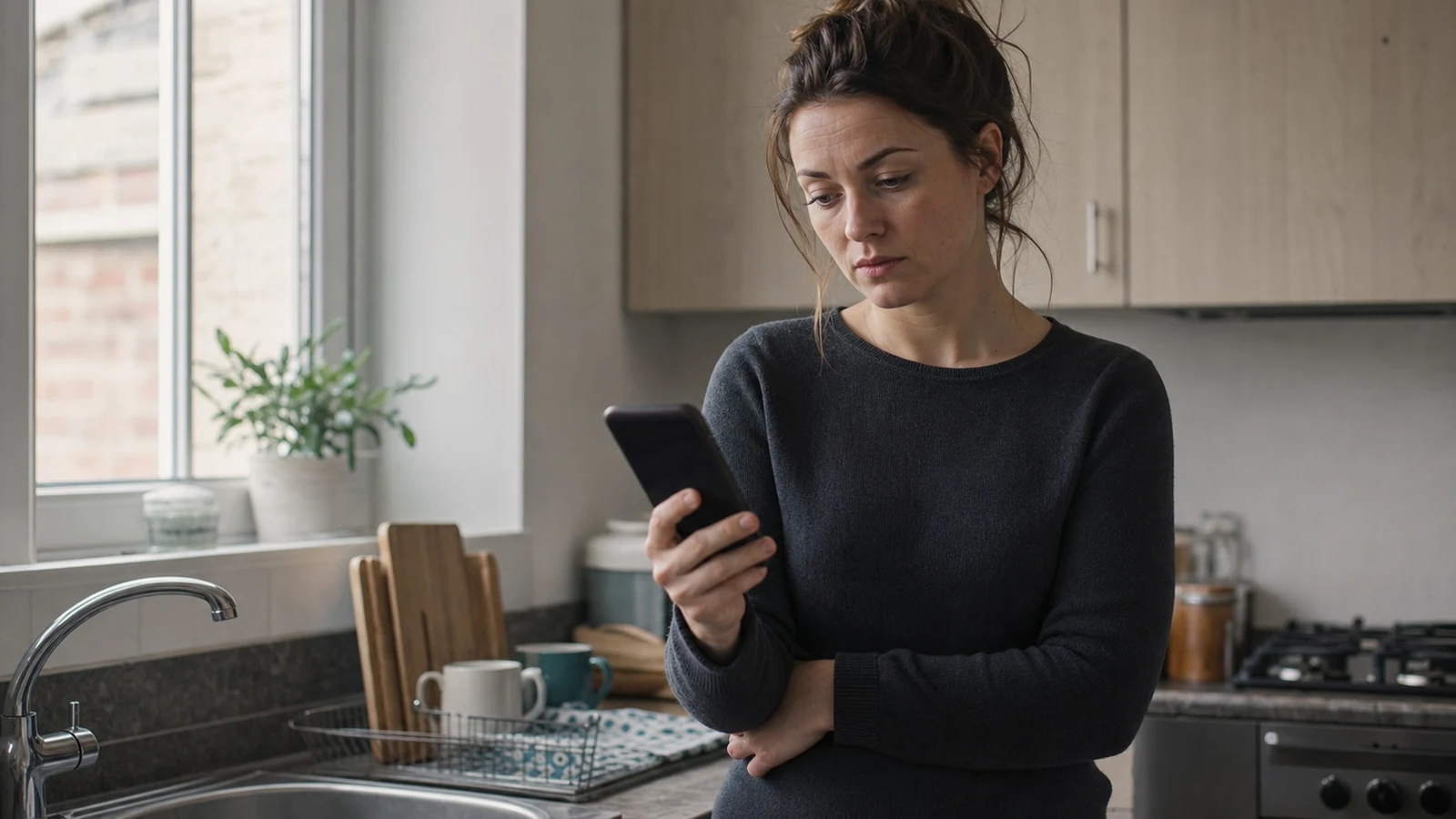 Femme dans une cuisine tenant un téléphone, regard inquiet, bras croisé
