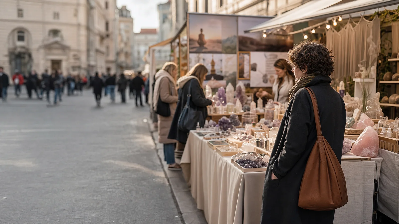 Une personne observe à distance un stand commercial couvert de cristaux dans la rue.