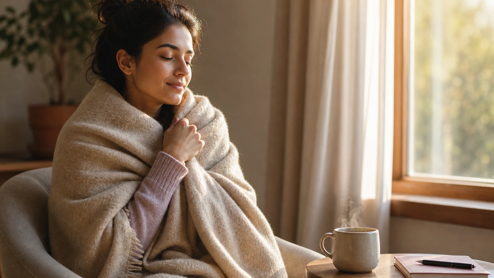 Femme aux cheveux bruns relevés, yeux fermés, enveloppée d'un plaid beige dans un fauteuil près d'une fenêtre, tasse fumante et carnet sur la table