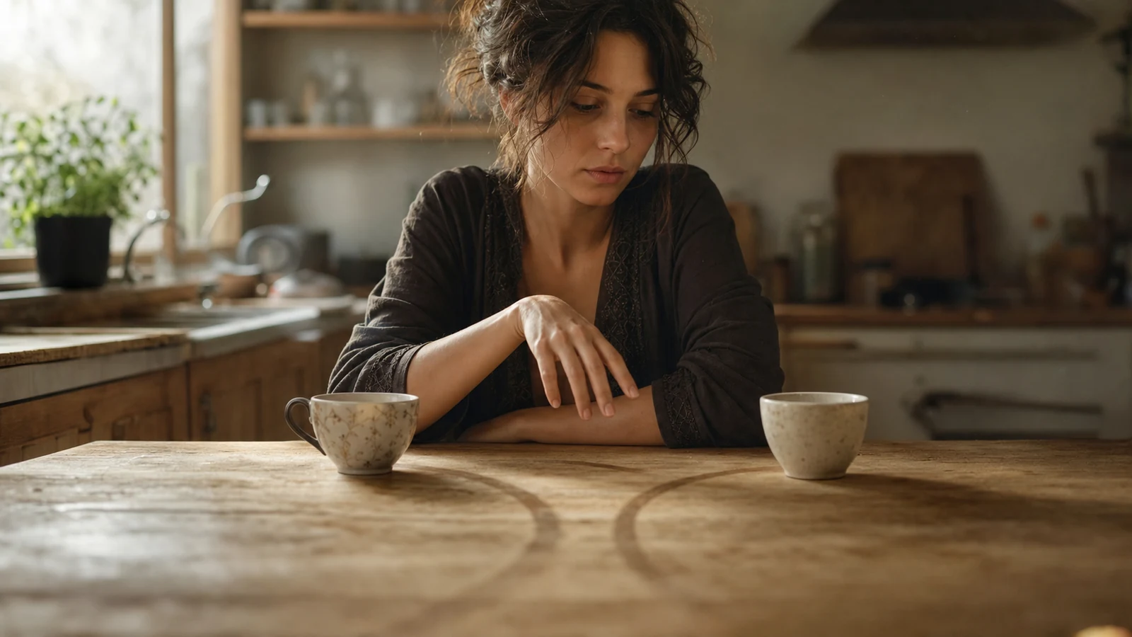 Femme assise à une table de cuisine rustique, regard baissé entre deux tasses, lumière de fenêtre