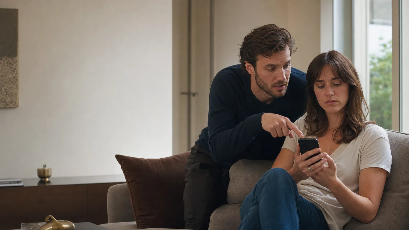 Un homme pointe le téléphone tenu par une femme assise sur un canapé.