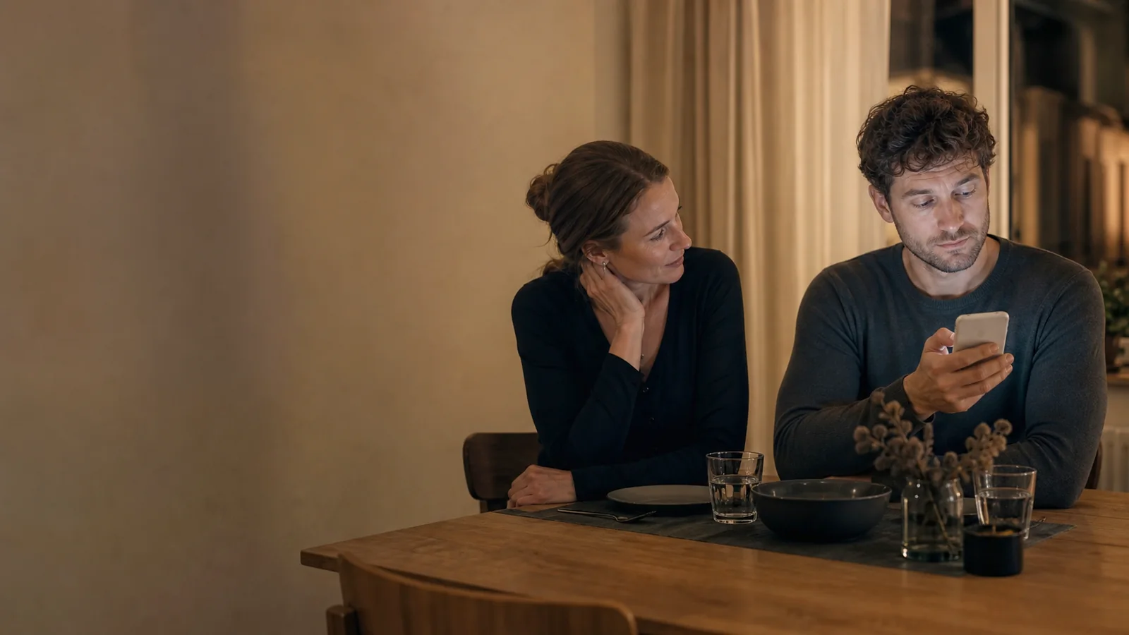 À table, une femme cherche le regard d’un homme absorbé par son téléphone.
