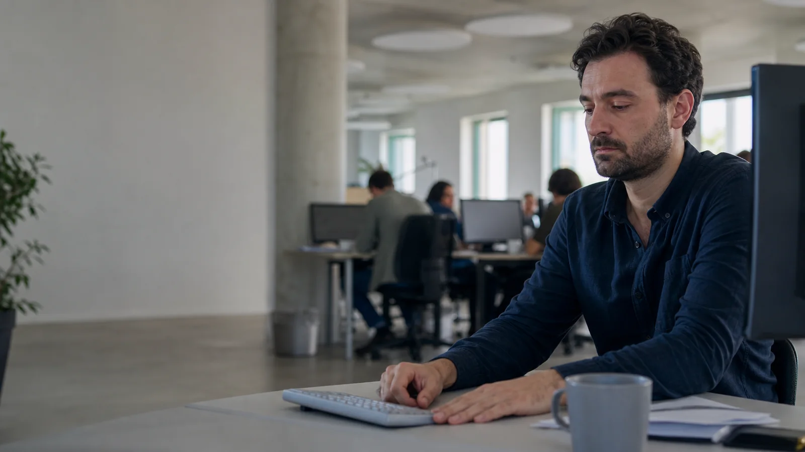 Un homme reste immobile devant son clavier au milieu d’un bureau en activité.