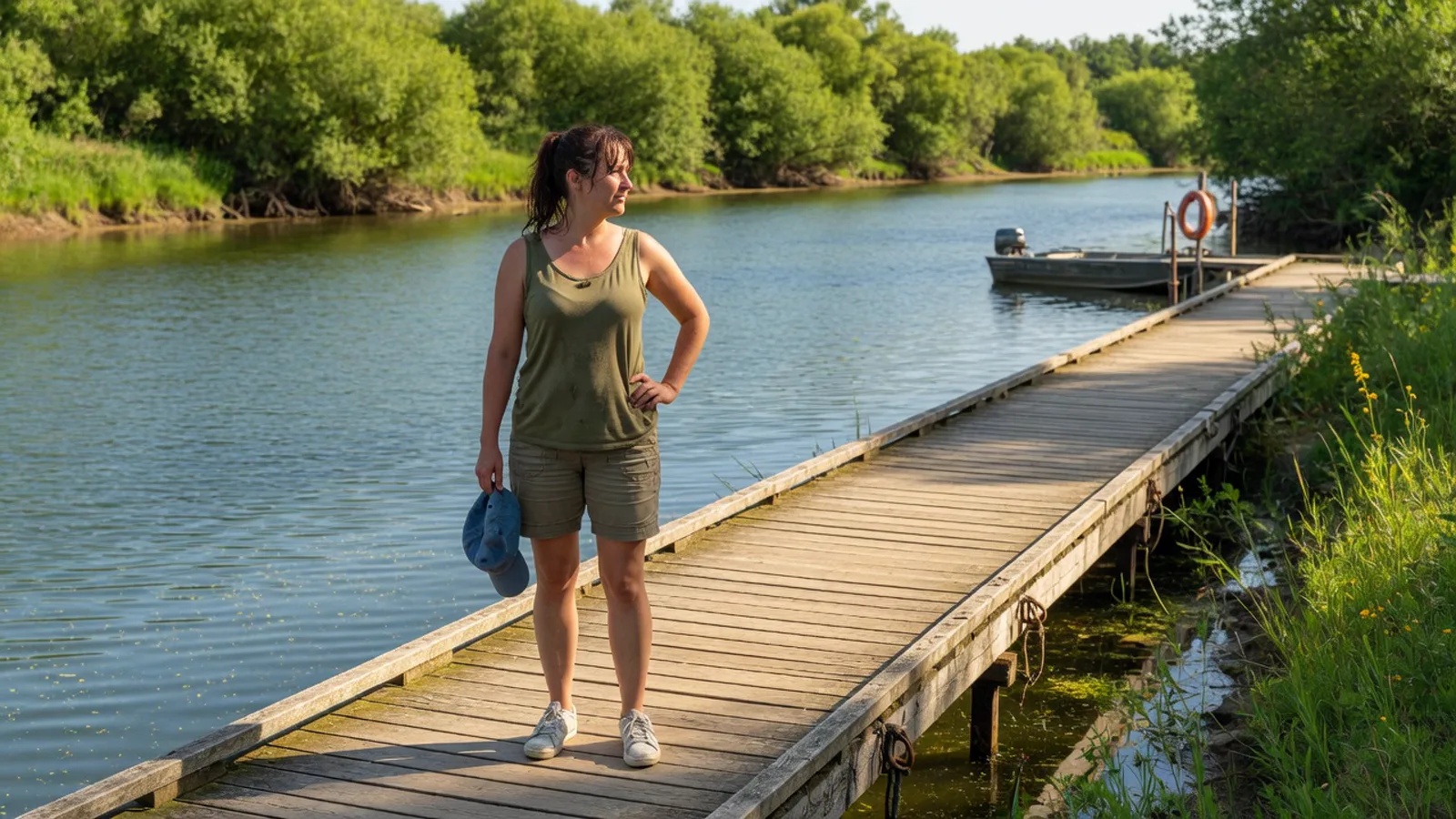 Couple hors cadre : femme d'une trentaine d'années seule au premier plan, scène d'été lumineuse