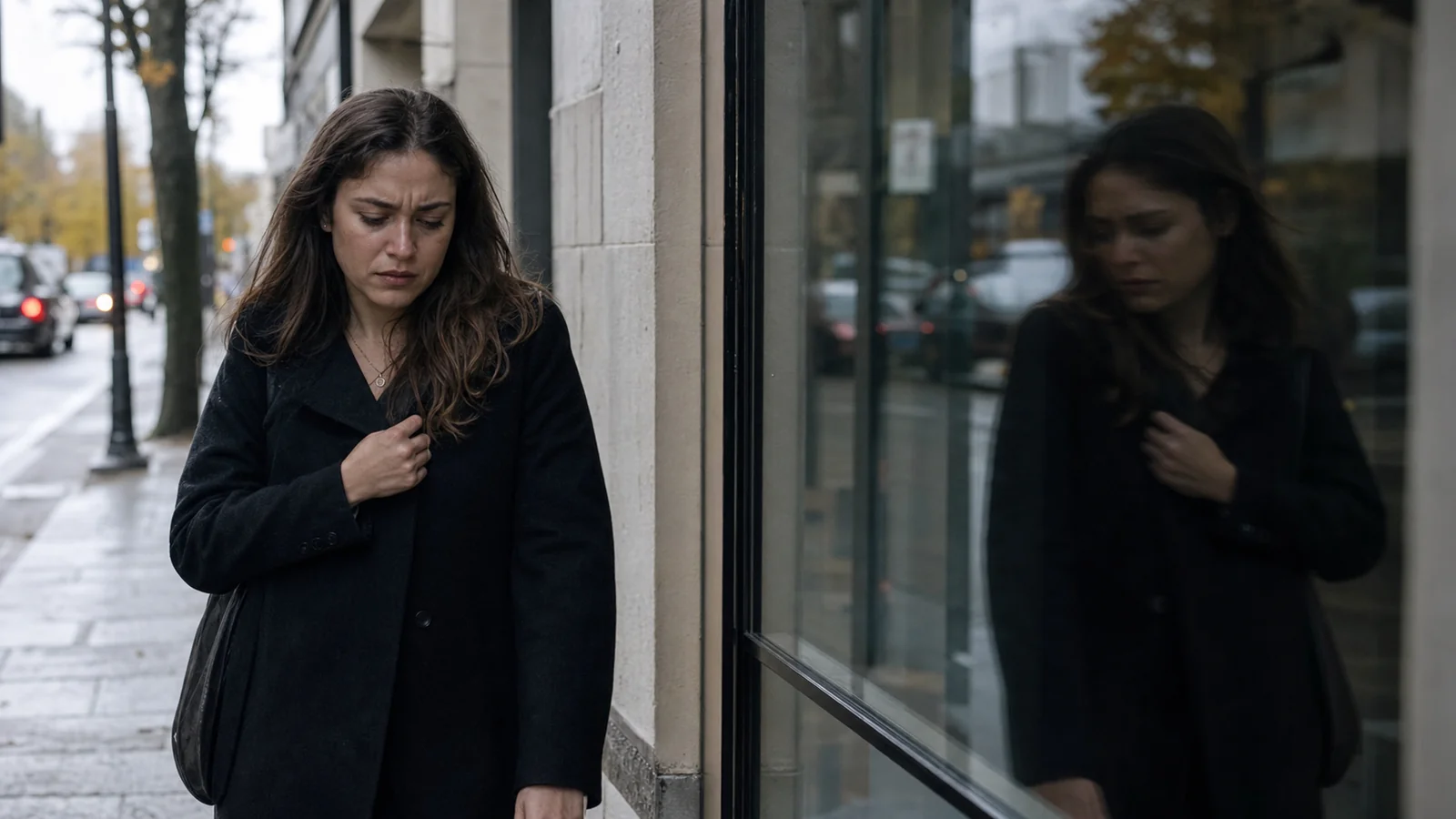 Femme le regard baissé près d’une vitrine, main sur le manteau, évitant son reflet dans la vitre