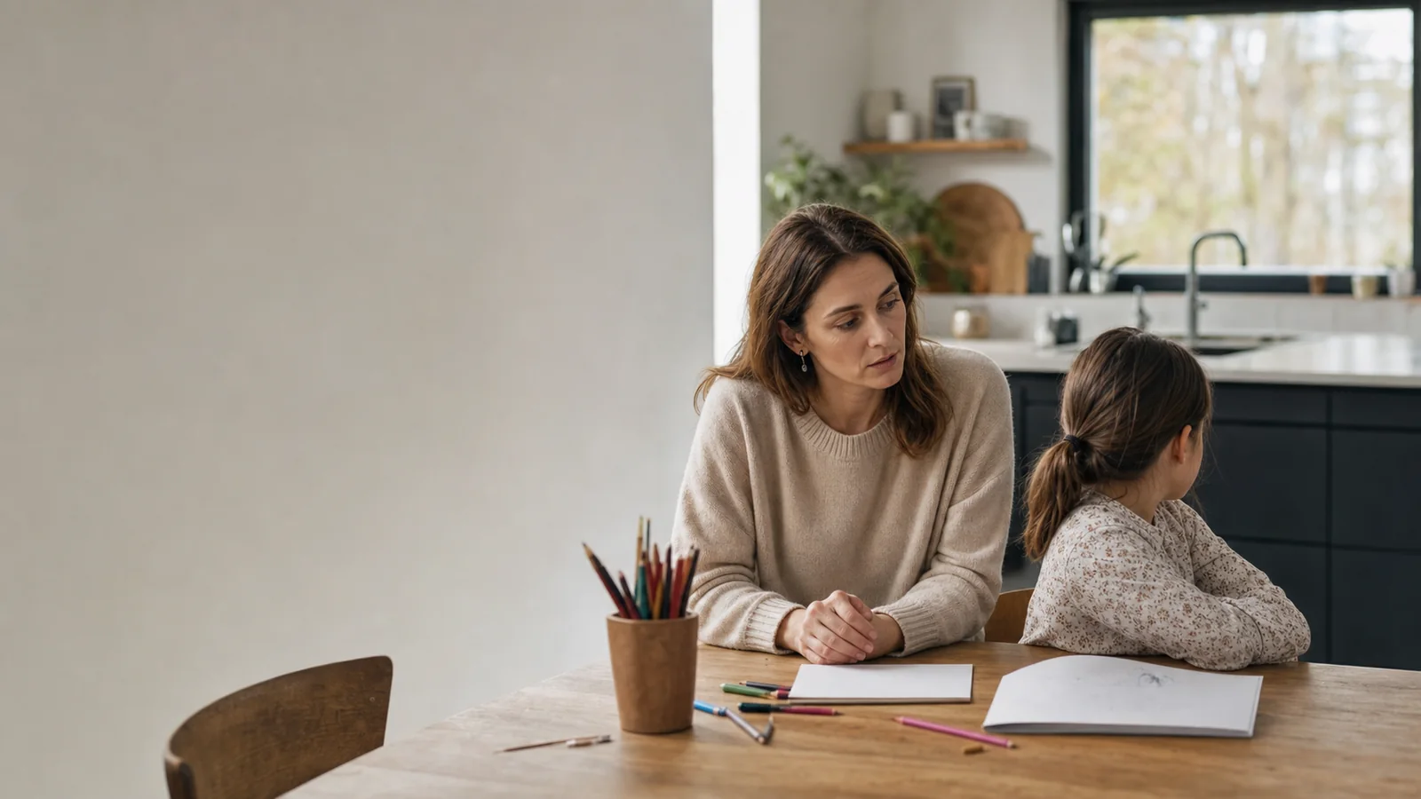 Une mère observe son enfant qui s’est détourné de son dessin à la table de la cuisine.