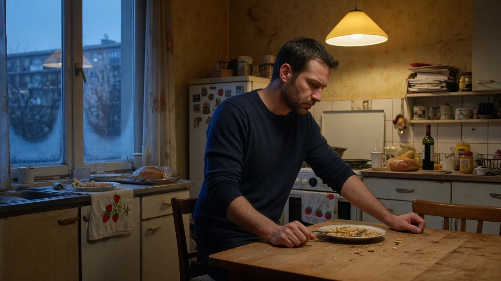 Homme d'une trentaine d'années, pull marine, seul dans une cuisine le soir, une main à plat sur la table en bois, l'autre fermée, mâchoire serrée, assiette à peine touchée