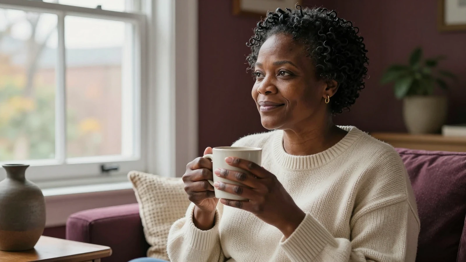 Femme noire d’environ 48 ans assise près d’une fenêtre, tasse entre les mains, lumière douce
