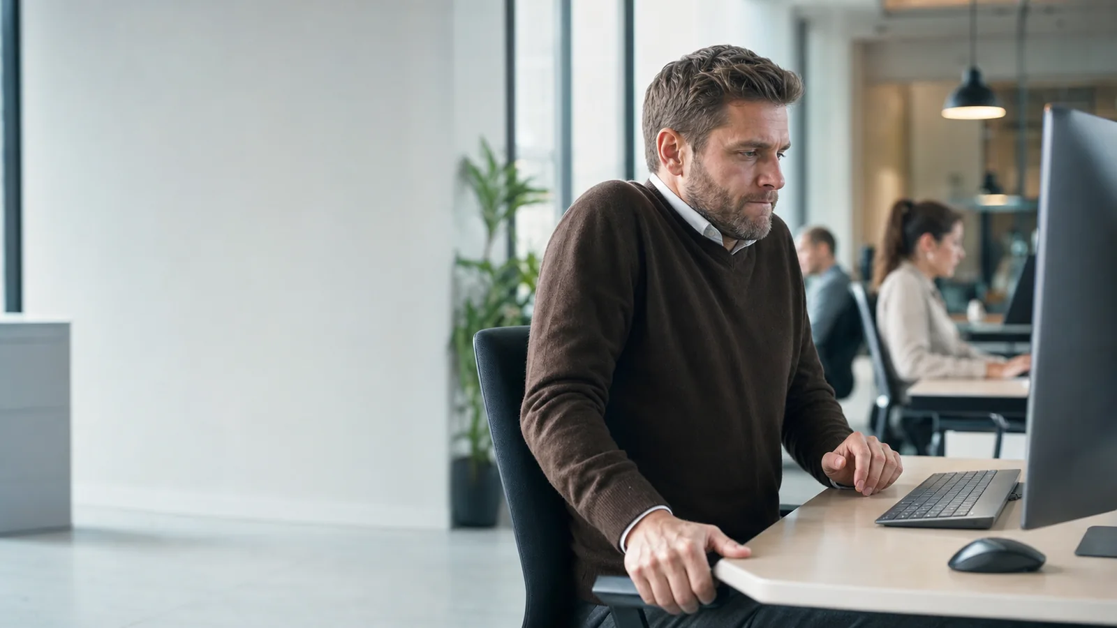 Un homme au bureau agrippe le bord de sa table, les épaules tendues, tandis que ses collègues travaillent.