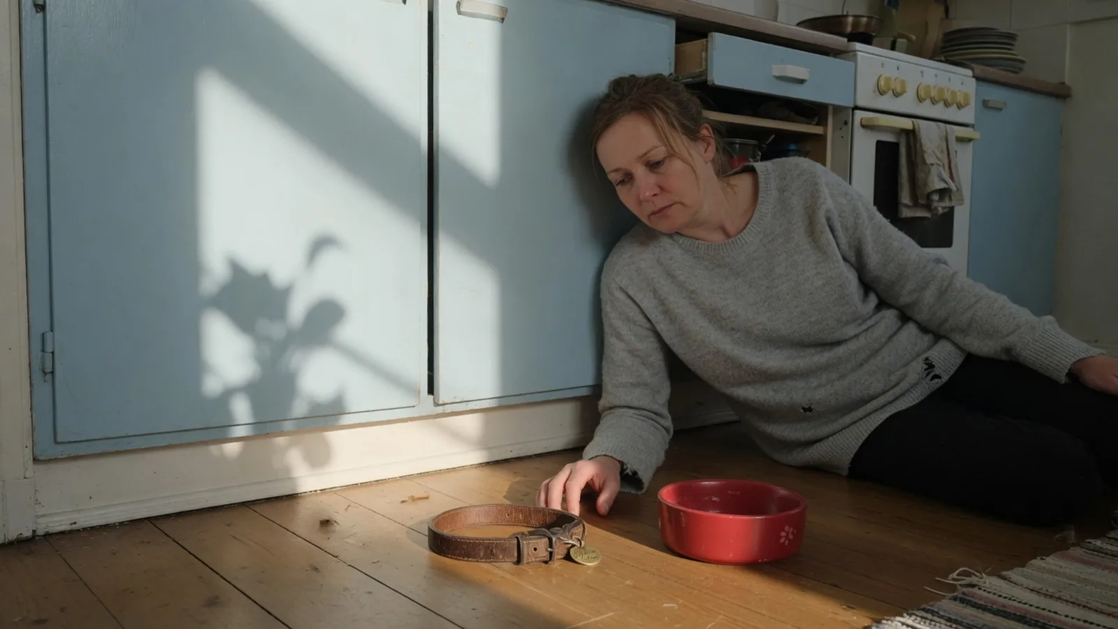 Femme d'une quarantaine d'années, pull gris, assise sur le parquet d'une cuisine, main tendue vers un collier usé posé près d'une gamelle rouge vide