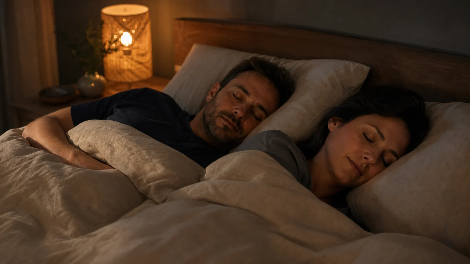 Couple endormi côte à côte, lumière de chevet douce