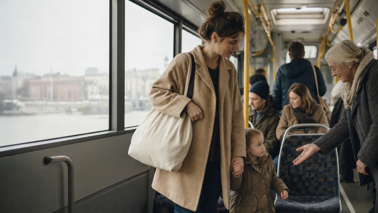 Dans un bus, une femme âgée offre sa place à une mère accompagnée de son enfant.