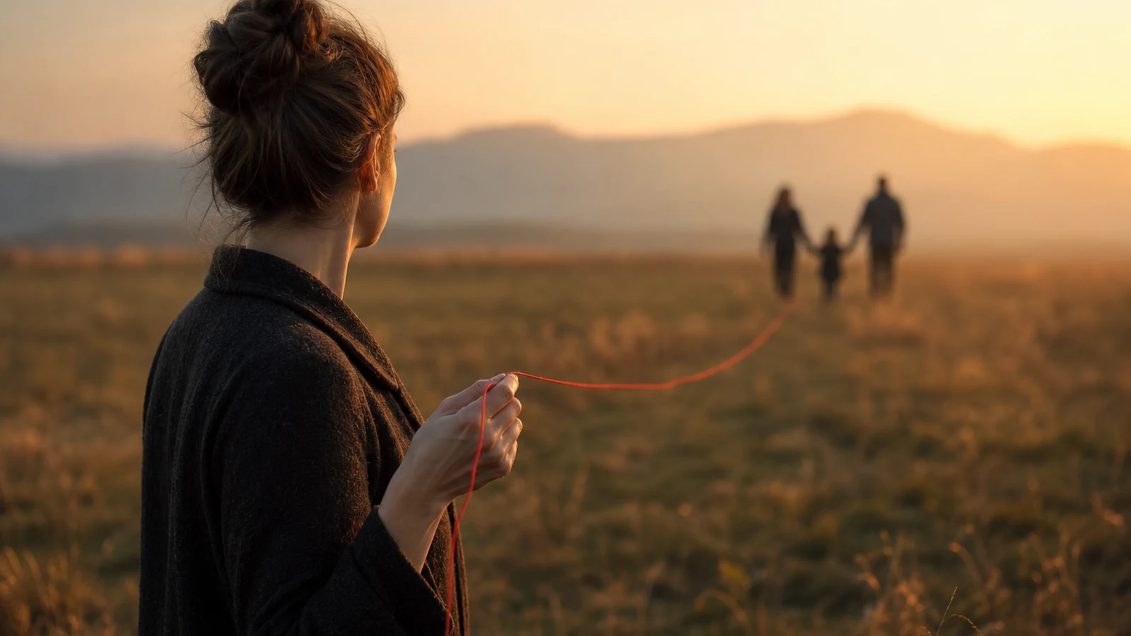 Femme vue de profil, chignon et manteau sombre, tenant un fil rouge dans une prairie au coucher du soleil, silhouette d'une famille au loin