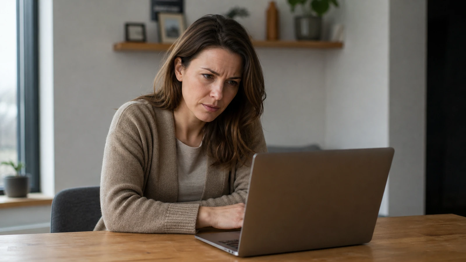 Femme devant un ordinateur portable, regard interrogatif, lumière douce d’intérieur