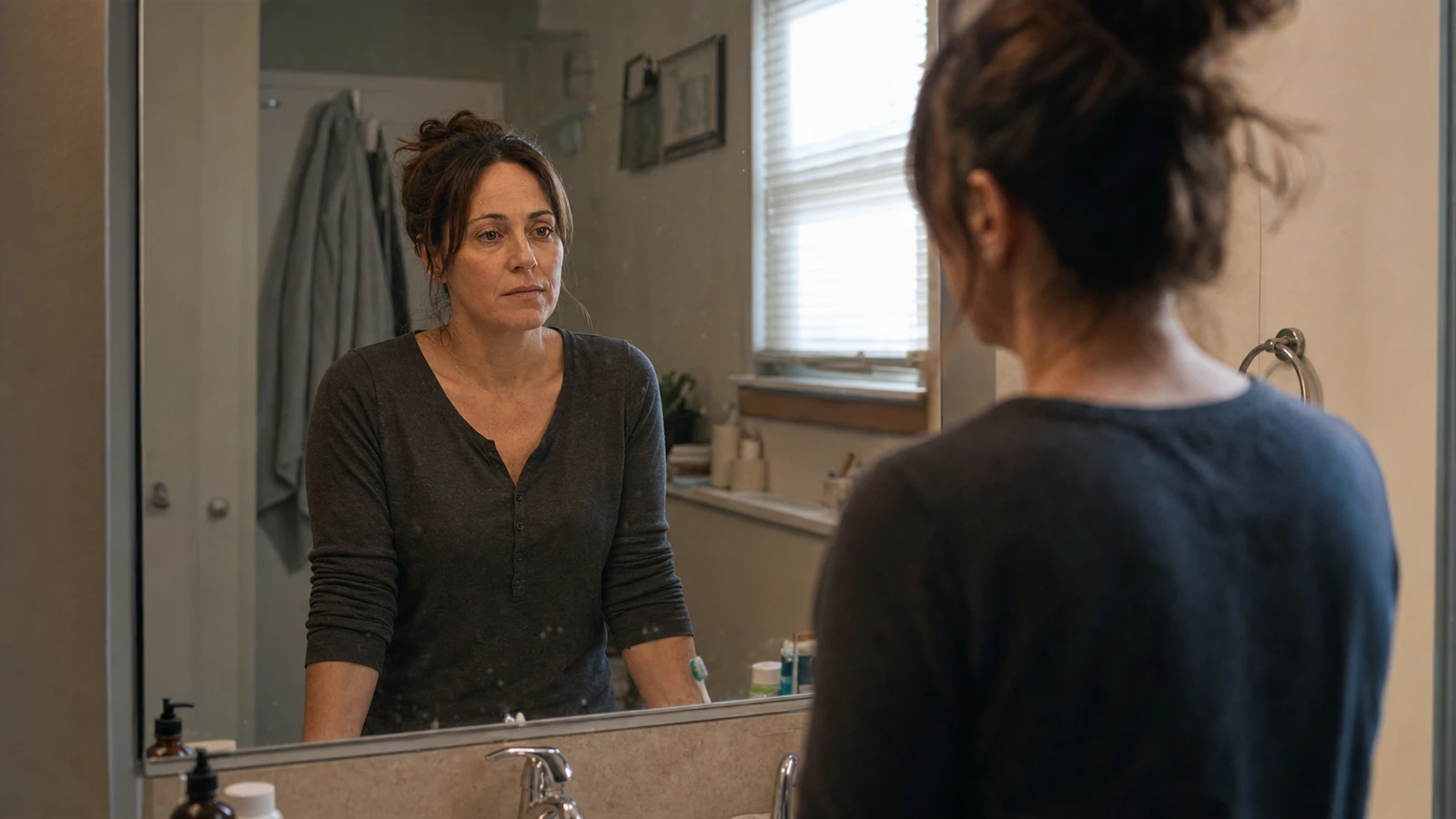 Femme seule devant un miroir, visage fatigué sans performance, le masque du sourire positif qui tombe