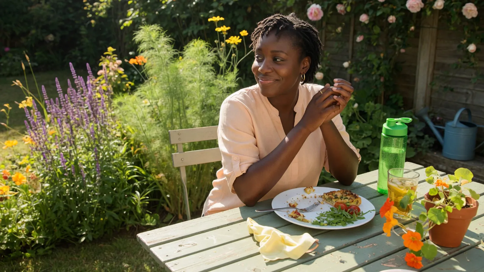 Femme noire d'une trentaine d'années, sourire poli, mains jointes, scène d'été lumineuse