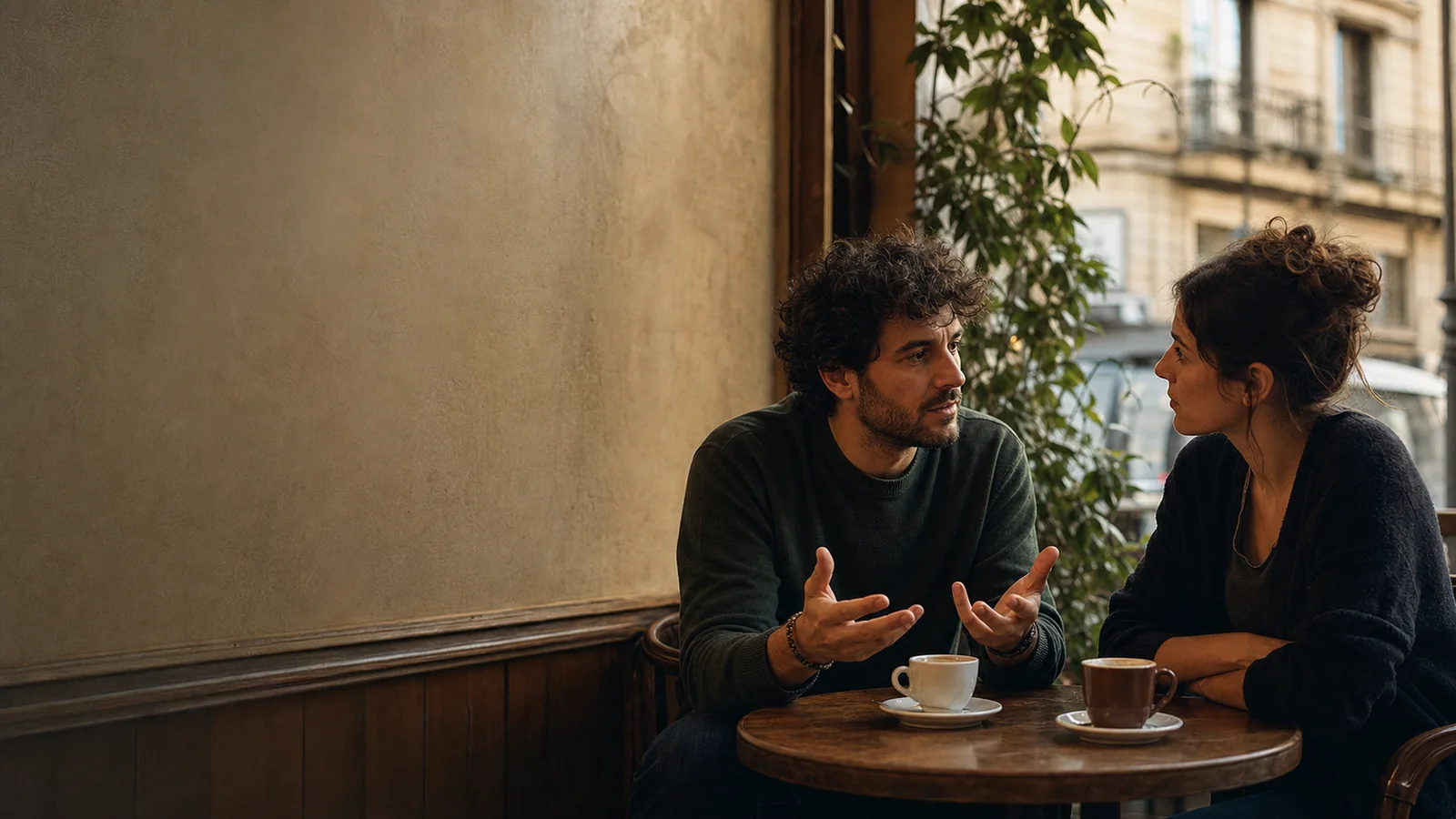 Un homme cherche ses mots face à une femme qui l’écoute à une table de café.