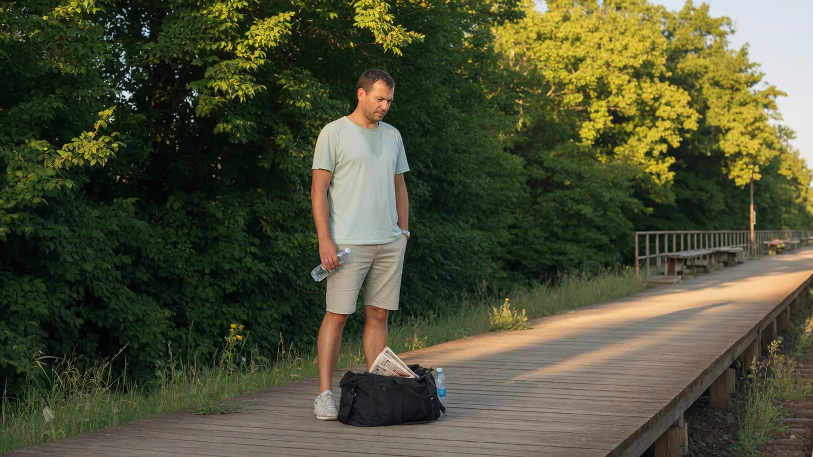 Homme d'une trentaine d'années, t-shirt clair, scène d'été lumineuse