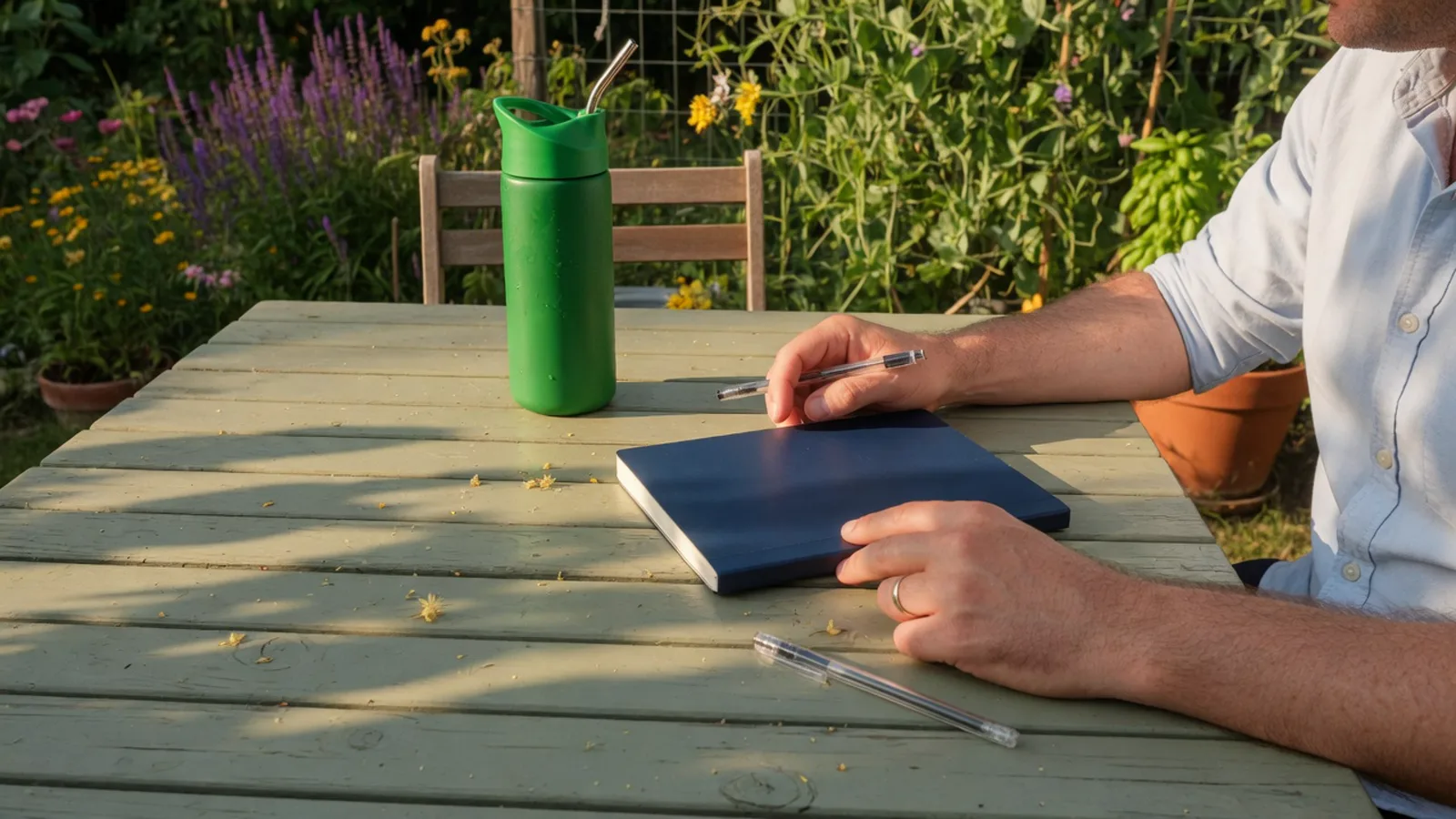 Homme d'une trentaine d'années, carnet neuf fermé, scène d'été lumineuse