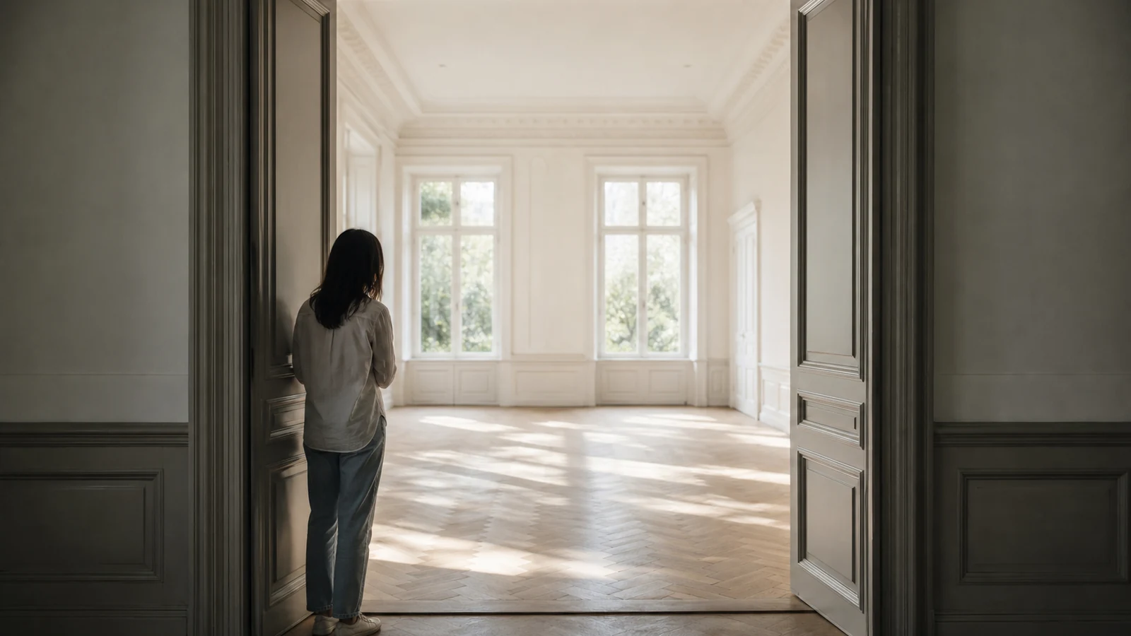 Femme debout dans l'encadrement d'une porte, de dos, regardant une grande pièce vide et lumineuse