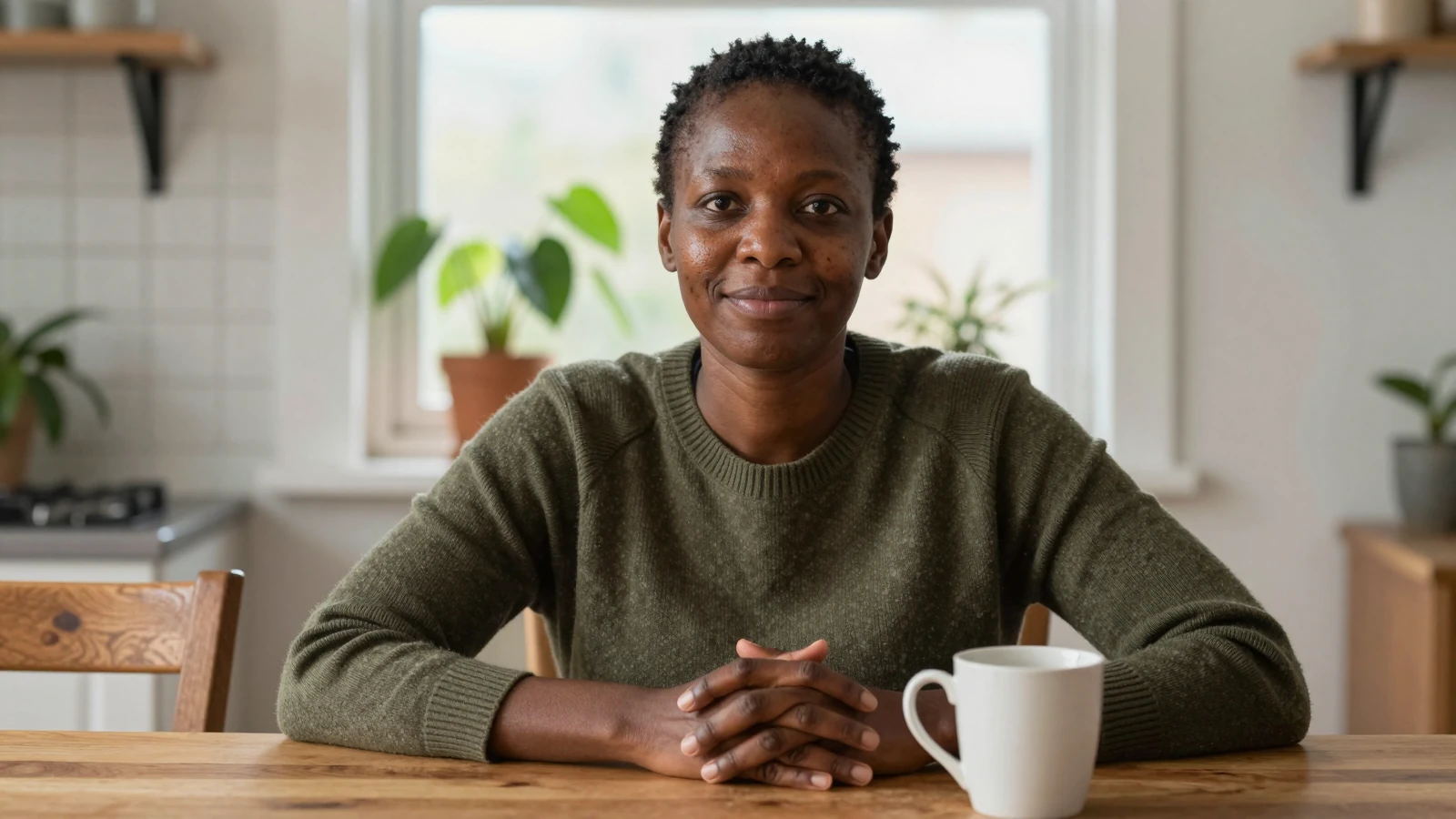 Femme noire aux cheveux courts, pull olive, sourire poli, mains jointes sur une table de cuisine en bois, tasse blanche et dossier de chaise à gauche