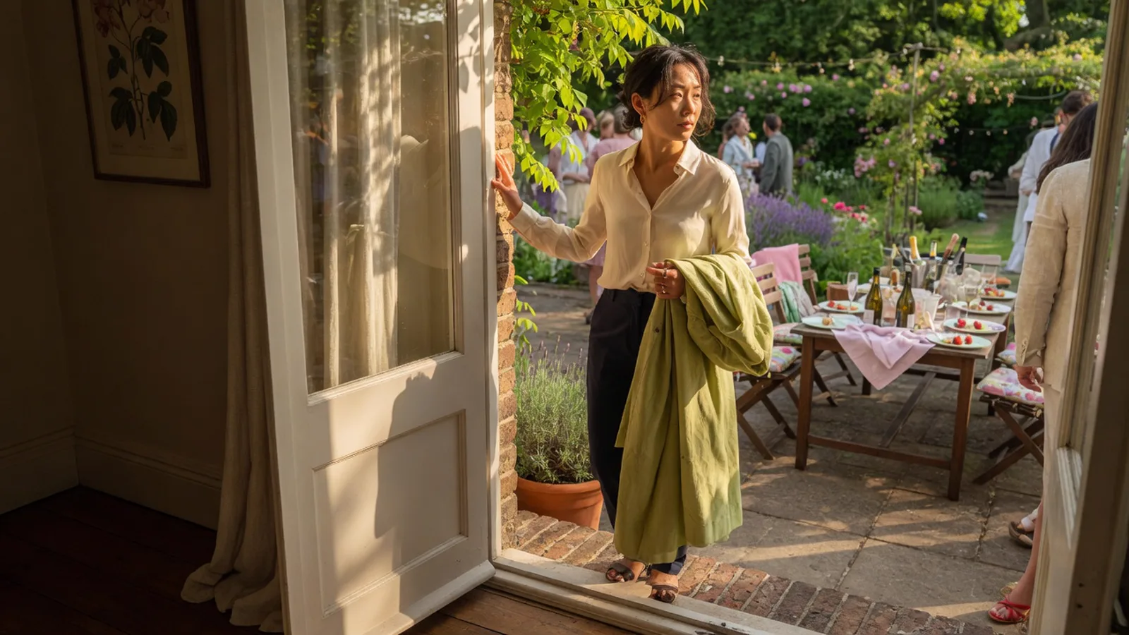 Femme d'apparence asiatique, trentaine, manteau clair sur le bras, scène d'été lumineuse