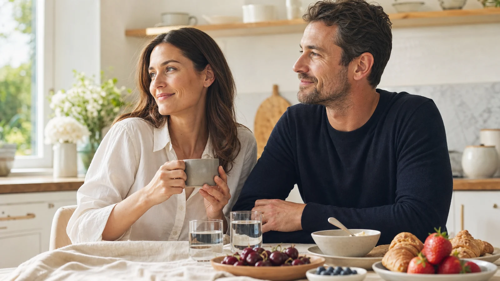 Couple à la table du petit-déjeuner, lumière du matin, moment calme