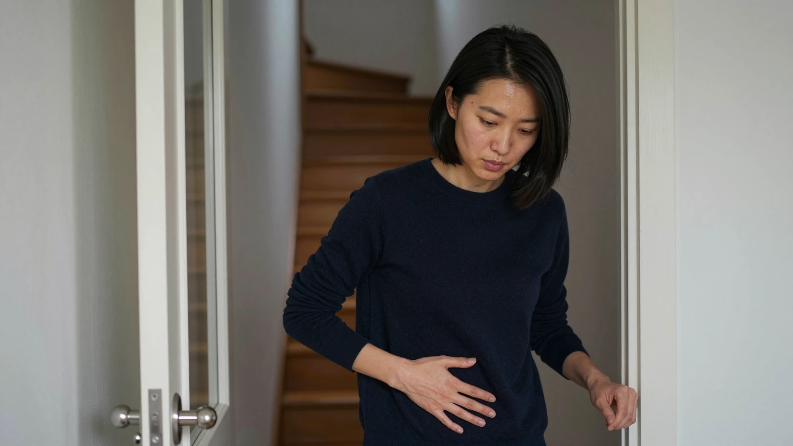 Femme d'apparence asiatique, carré noir, pull marine, main droite sur le ventre, debout dans l'encadrement d'une porte blanche, regard baissé, escalier en bois en arrière-plan