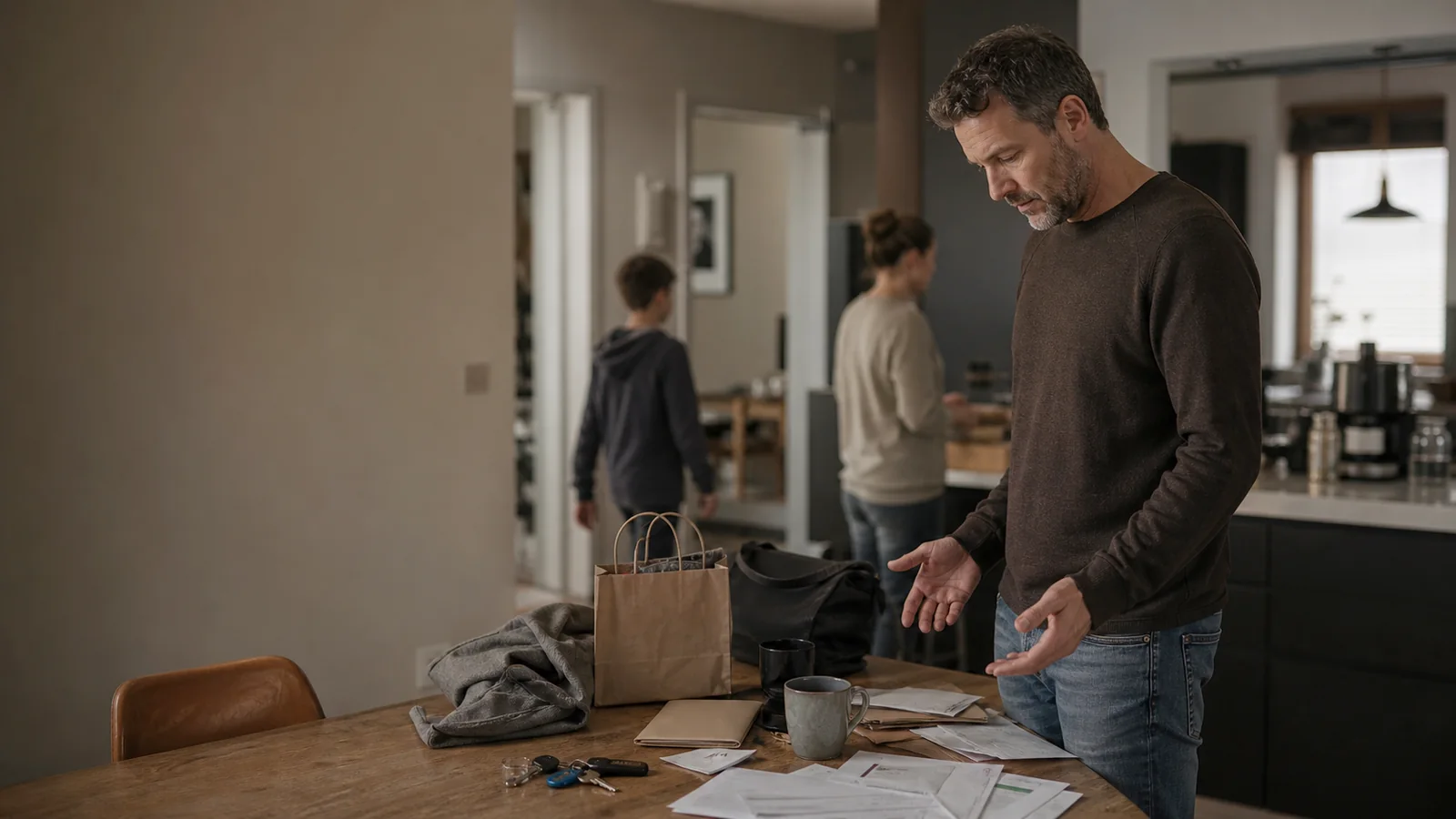 Un homme observe une table encombrée de courrier et d’objets tandis que sa famille passe à l’arrière-plan.