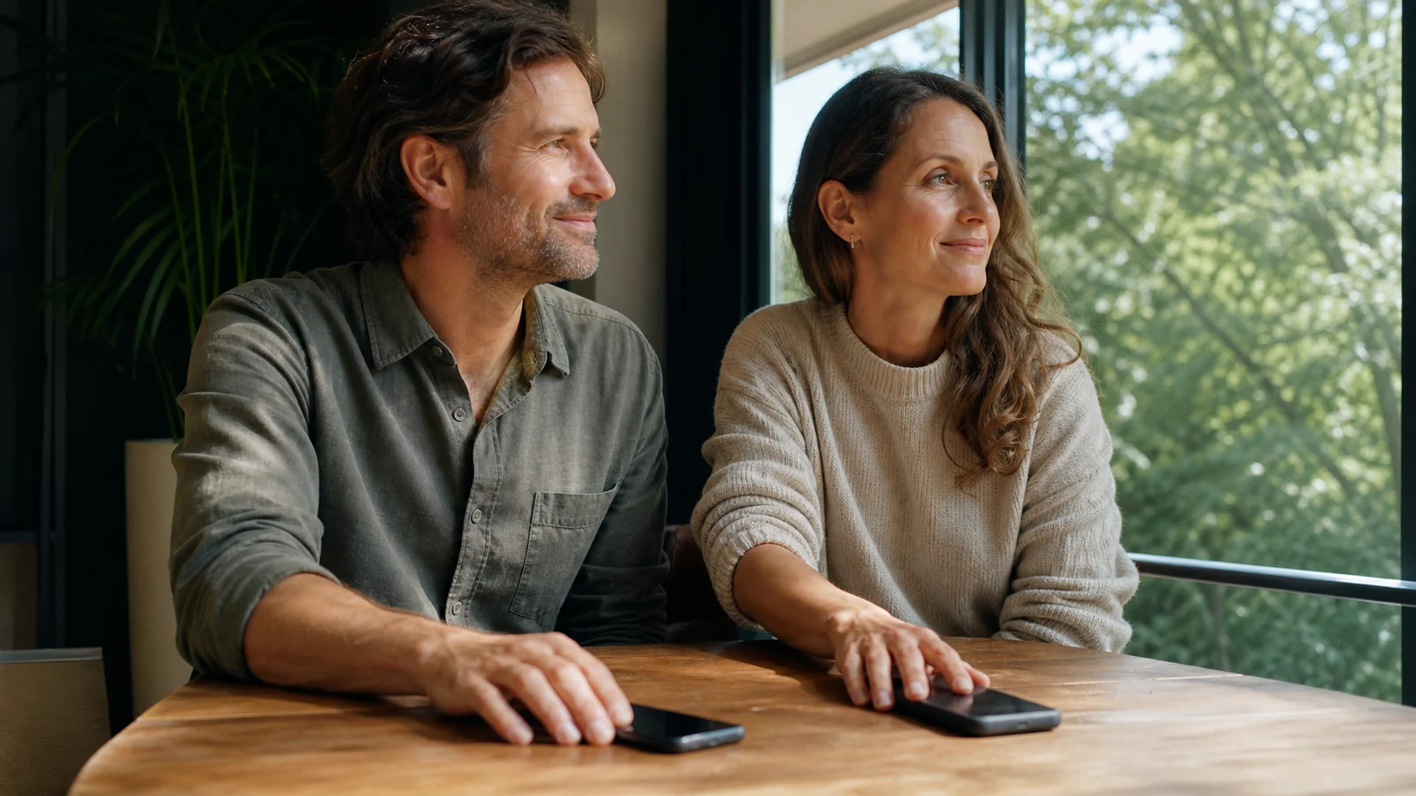Homme et femme près d'une fenêtre, téléphones posés, regard vers l'extérieur