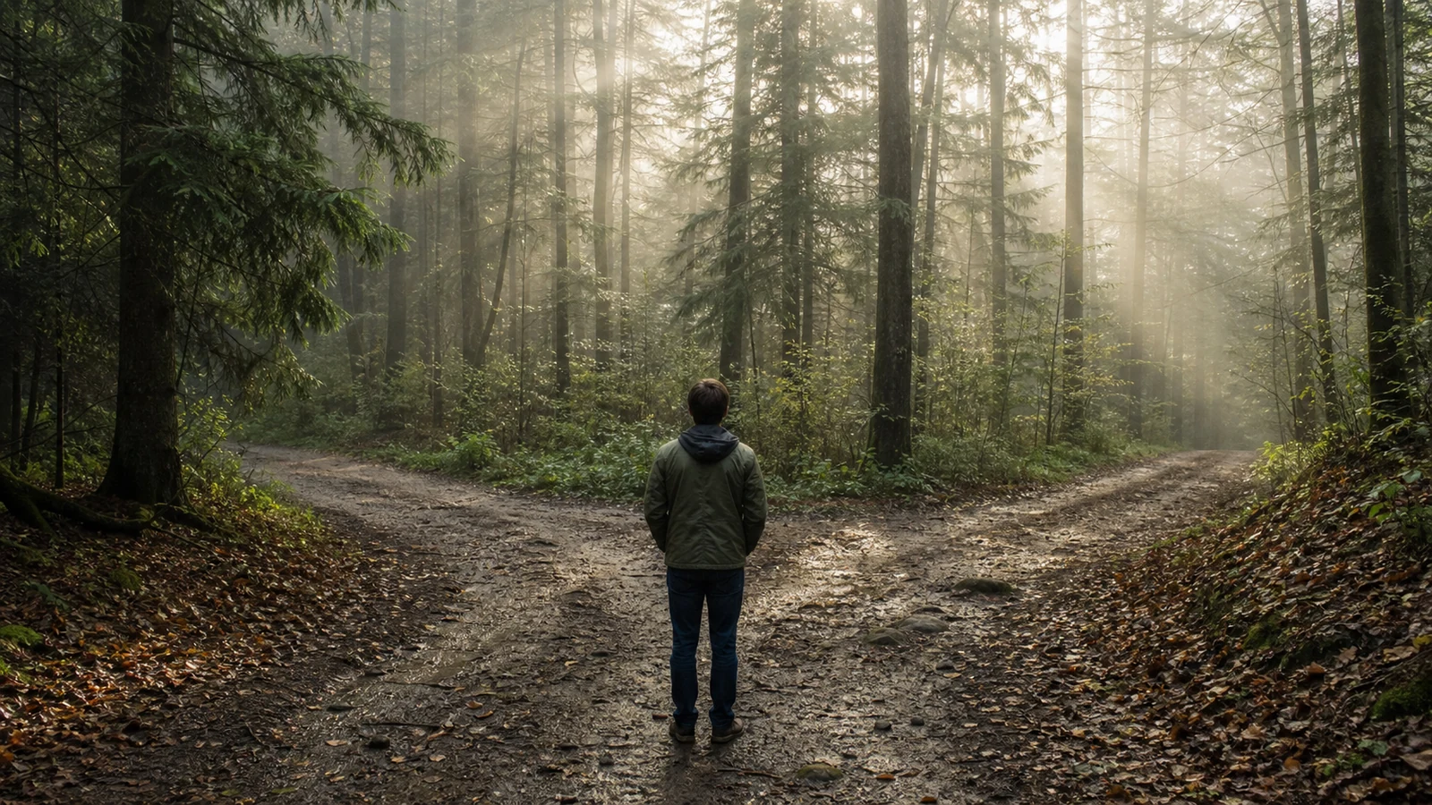 Personne de dos à une fourche de chemins forestiers dans la brume matinale