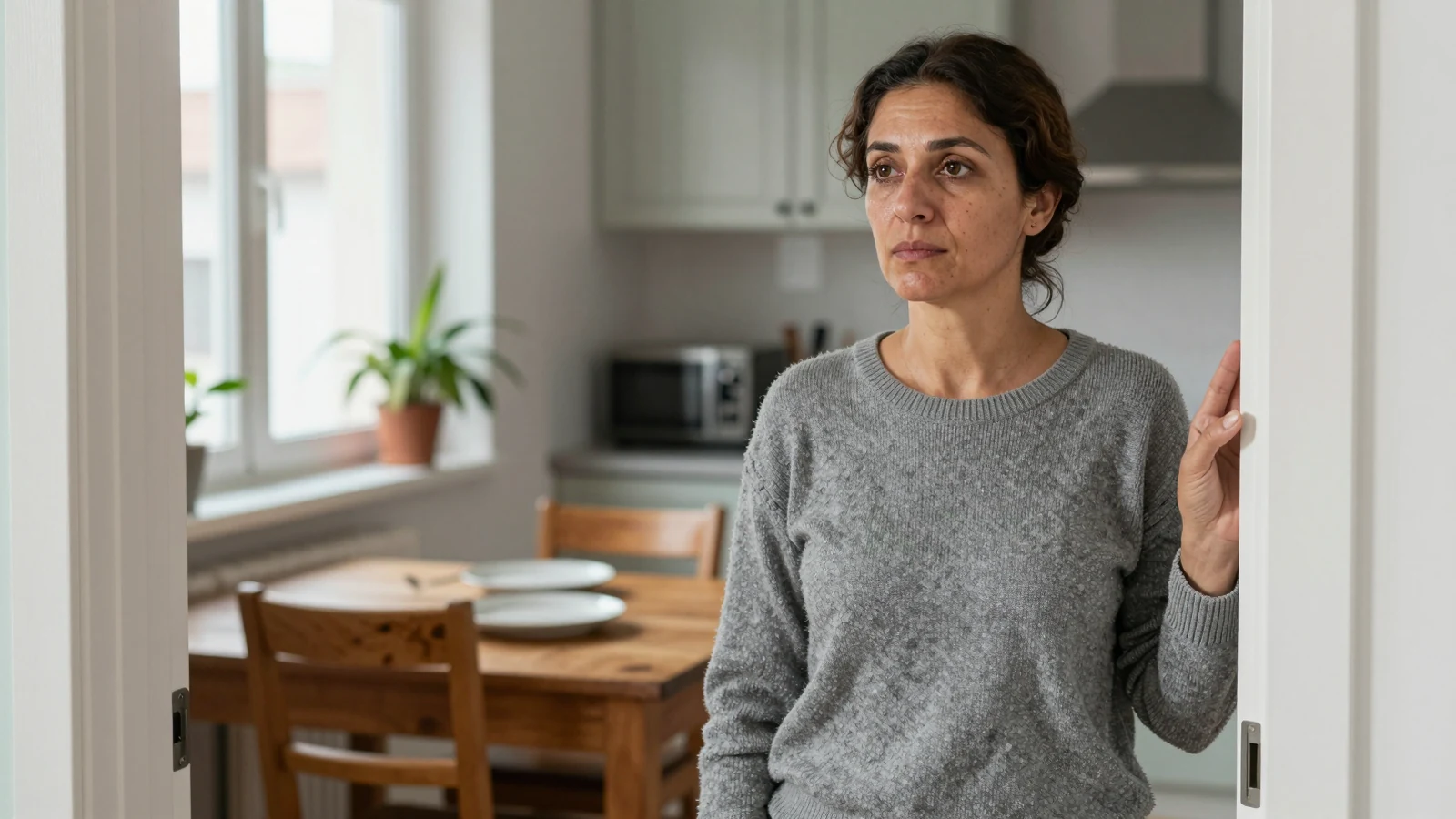 Femme d'apparence maghrébine, chignon brun, pull gris, main droite sur le chambranle blanc d'une porte, table en bois avec deux assiettes et chaises vides dans une cuisine claire