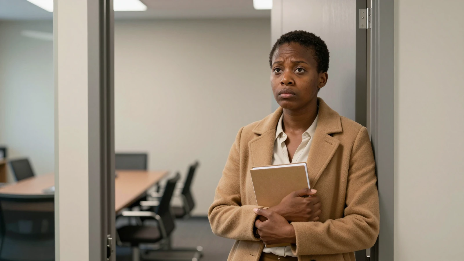 Femme noire d'une trentaine d'années, manteau camel, carnet contre la poitrine, debout dans l'encadrement d'une salle de réunion vide, regard inquiet