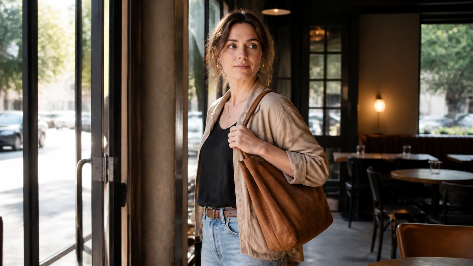 Femme en pause sur le seuil d’un café, lumière douce, expression calme