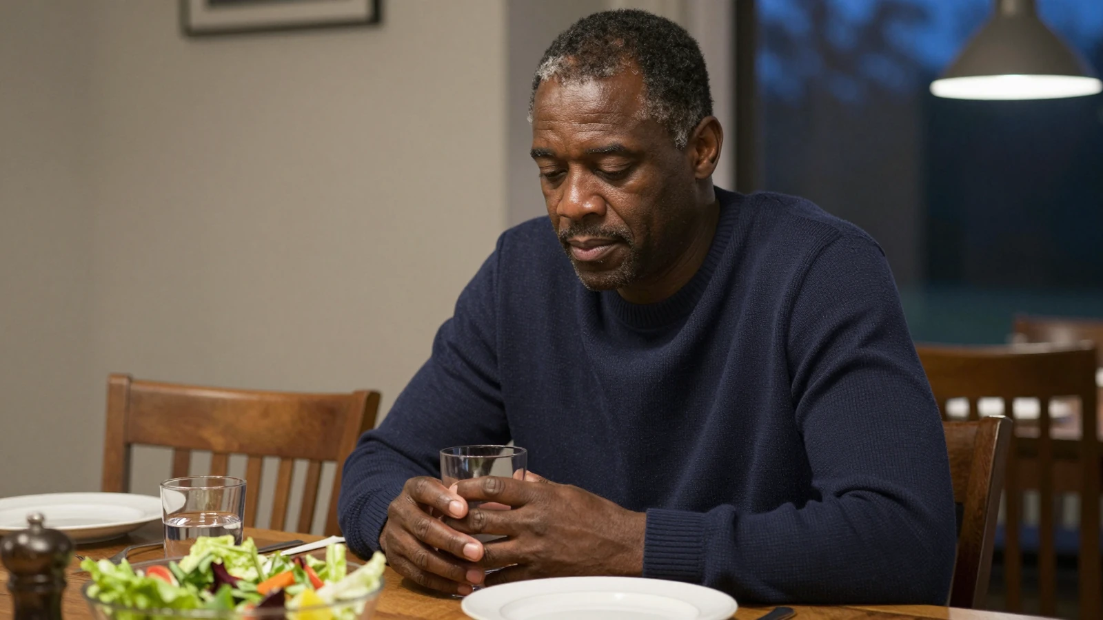 Homme noir d'une cinquantaine d'années, pull marine, assis seul à une table en bois après le repas, les deux mains autour d'un verre, chaise vide en face, regard baissé