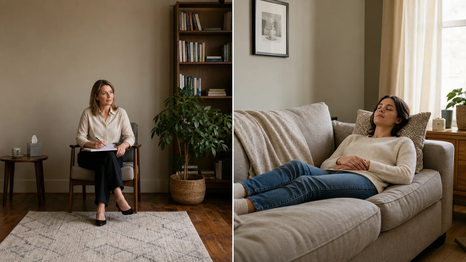 Deux pièces séparées : une praticienne assise en consultation et une personne allongée chez elle.