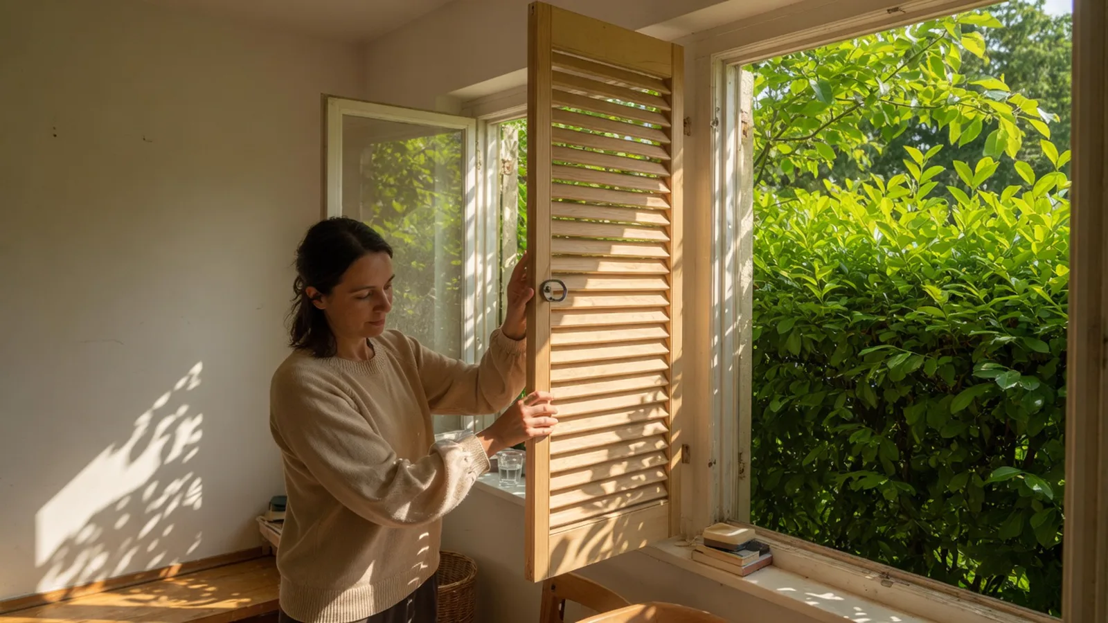 Femme d'une trentaine d'années, pull fin beige, scène d'été lumineuse