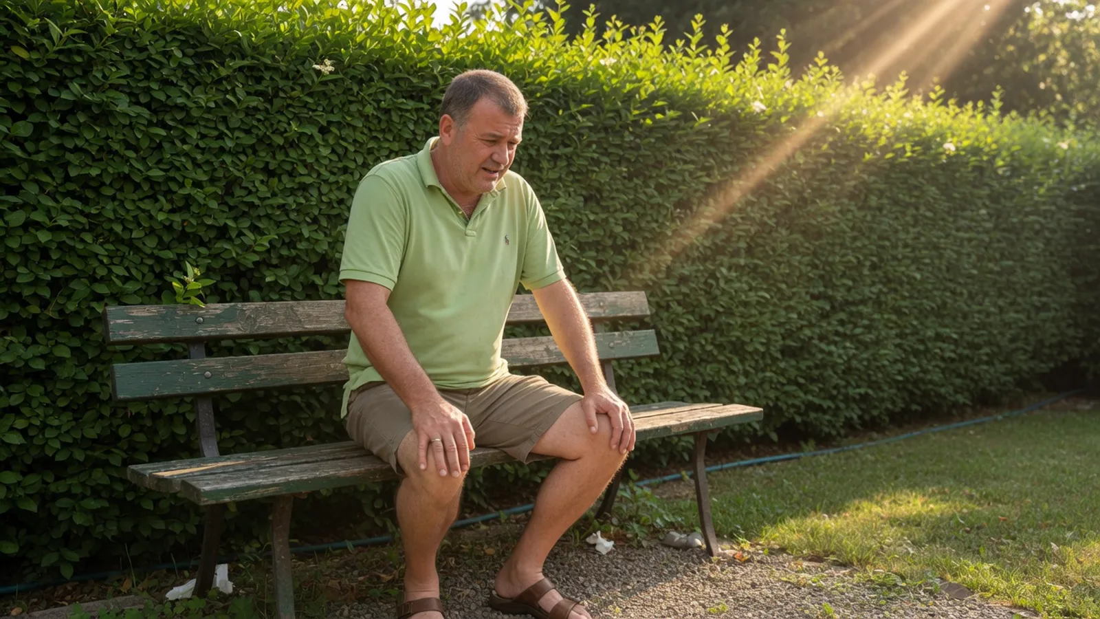 Homme d'une cinquantaine d'années, polo clair, scène d'été lumineuse
