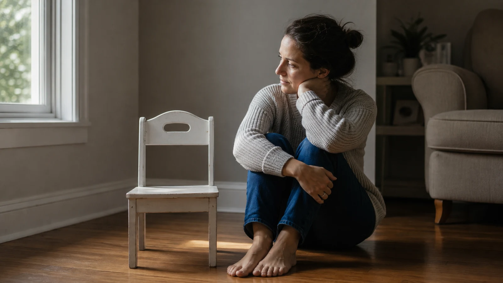 Femme assise au sol près d’une petite chaise d’enfant vide, regard tourné vers la lumière de la fenêtre