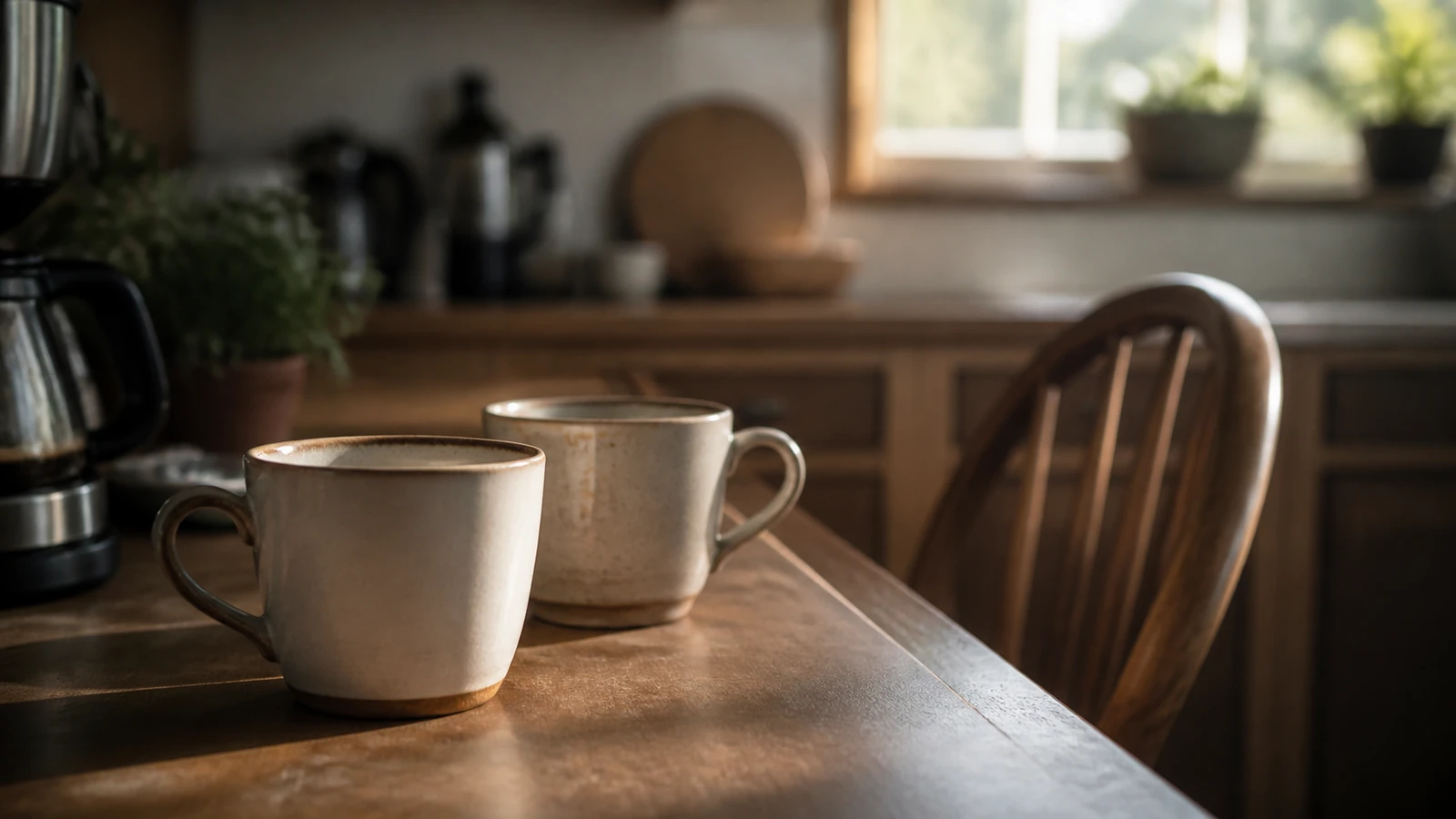 Deux tasses en céramique sur une table de cuisine en bois, chaise vide en arrière-plan