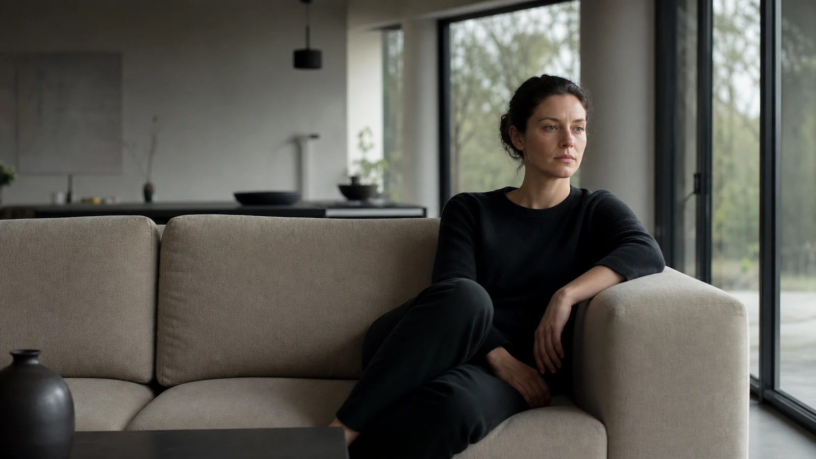 Femme assise sur un canapé clair dans un salon lumineux, regard vers la fenêtre, expression calme